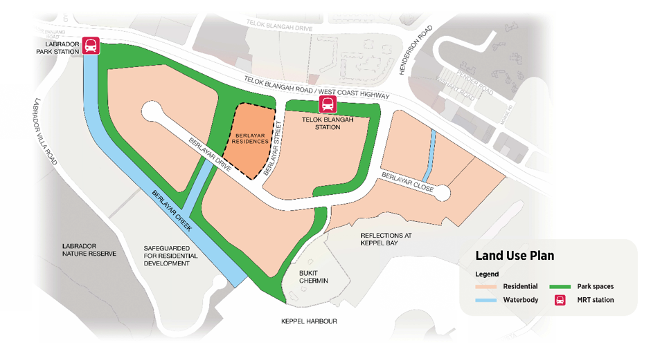 Plan of the future Berlayar precinct on the former Keppel Golf Course, with private and public housing and waterfront views