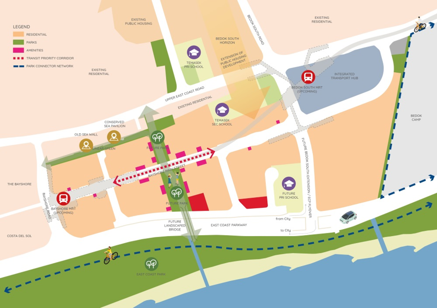 URA Master Plan map of the upcoming Bayshore precinct with HDB flats, private GLS sites, amenities and two Thomson-East Coast Line stations