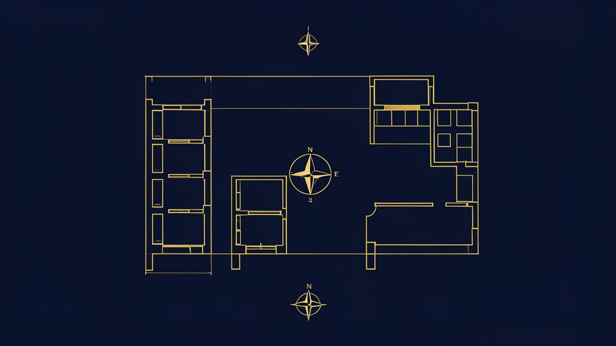 Illustration of a condominium floor plan layout with compass orientation