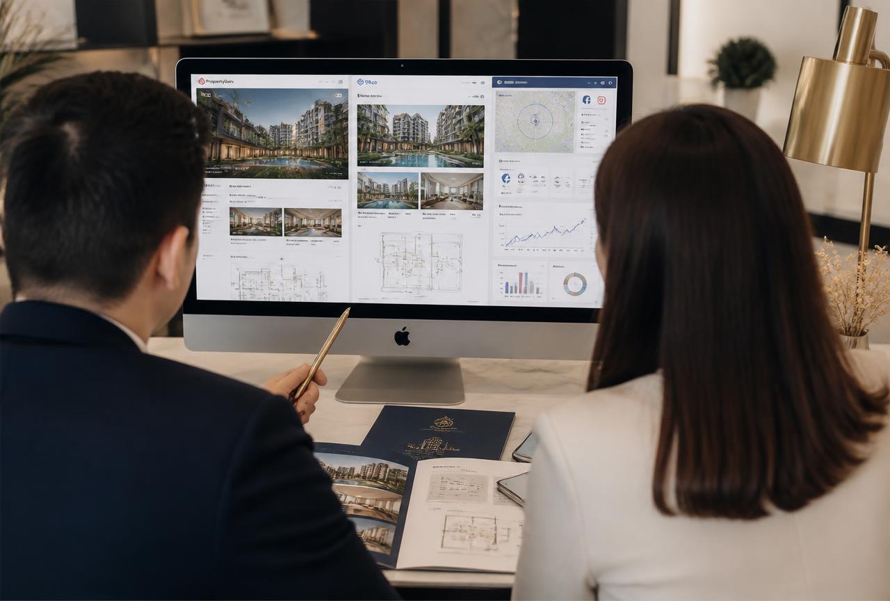 Singapore property marketing team reviewing portal listings and digital ad campaigns on a large screen
