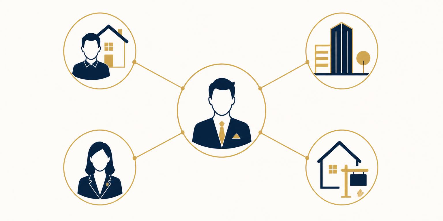 Network diagram showing owners, developers, agents and direct listings feeding opportunities to a buyer
