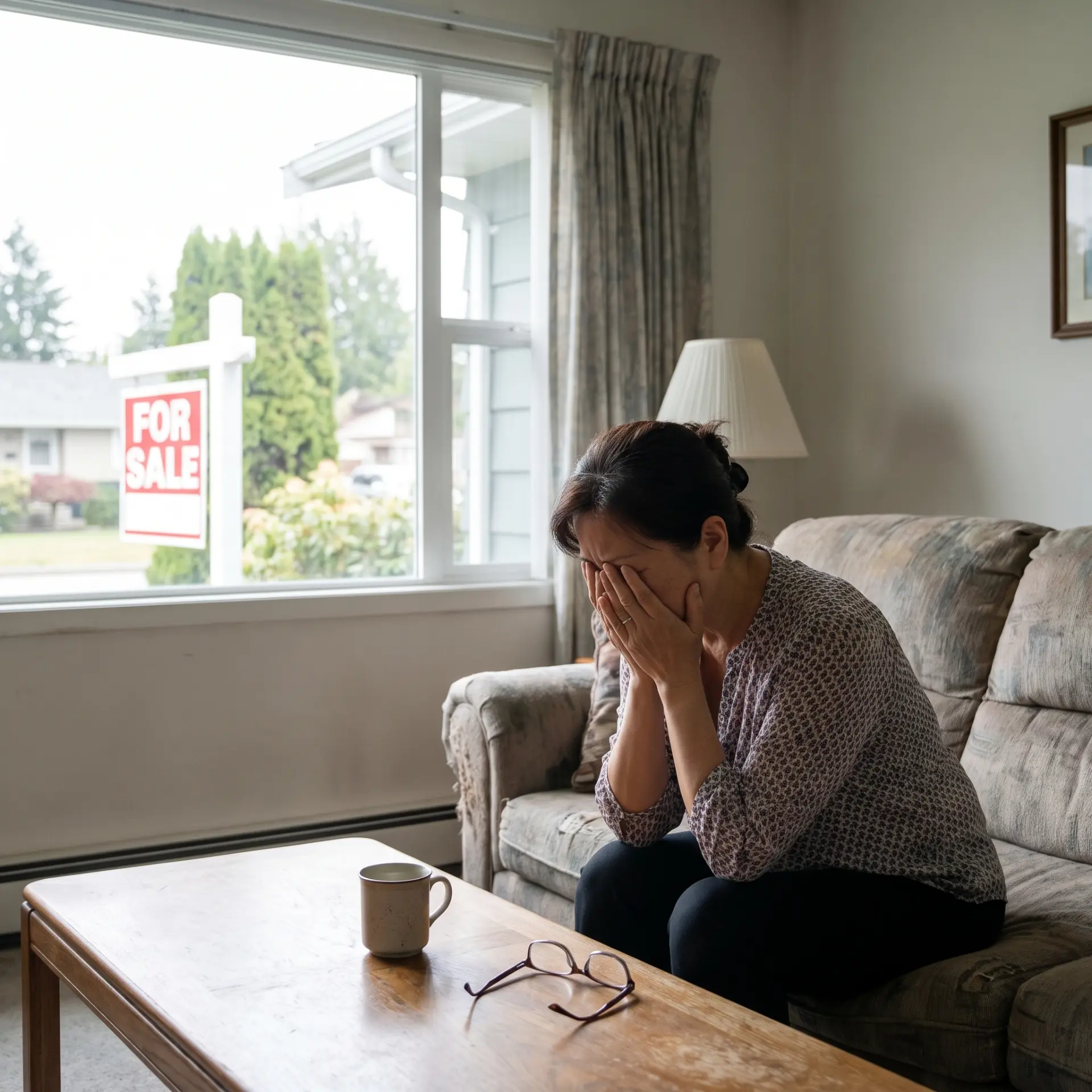 Distressed homeowner sitting beside a for sale sign because the property will not sell