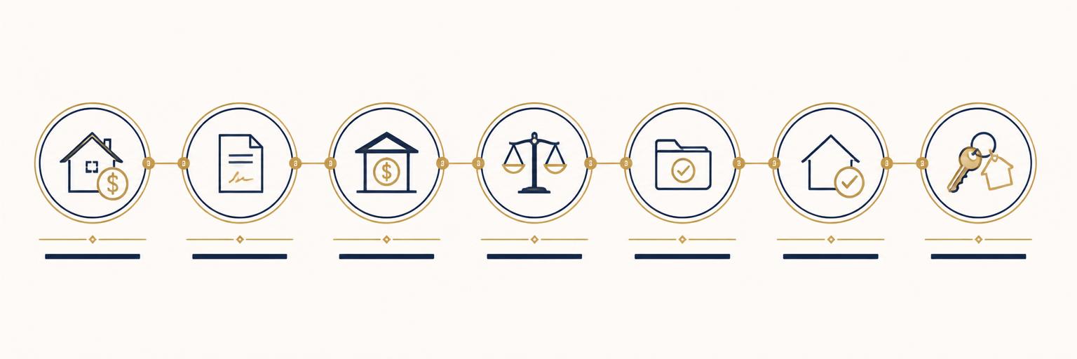 Timeline infographic: Offer, OTP, financing, legal conveyancing, documentation, completion and key collection