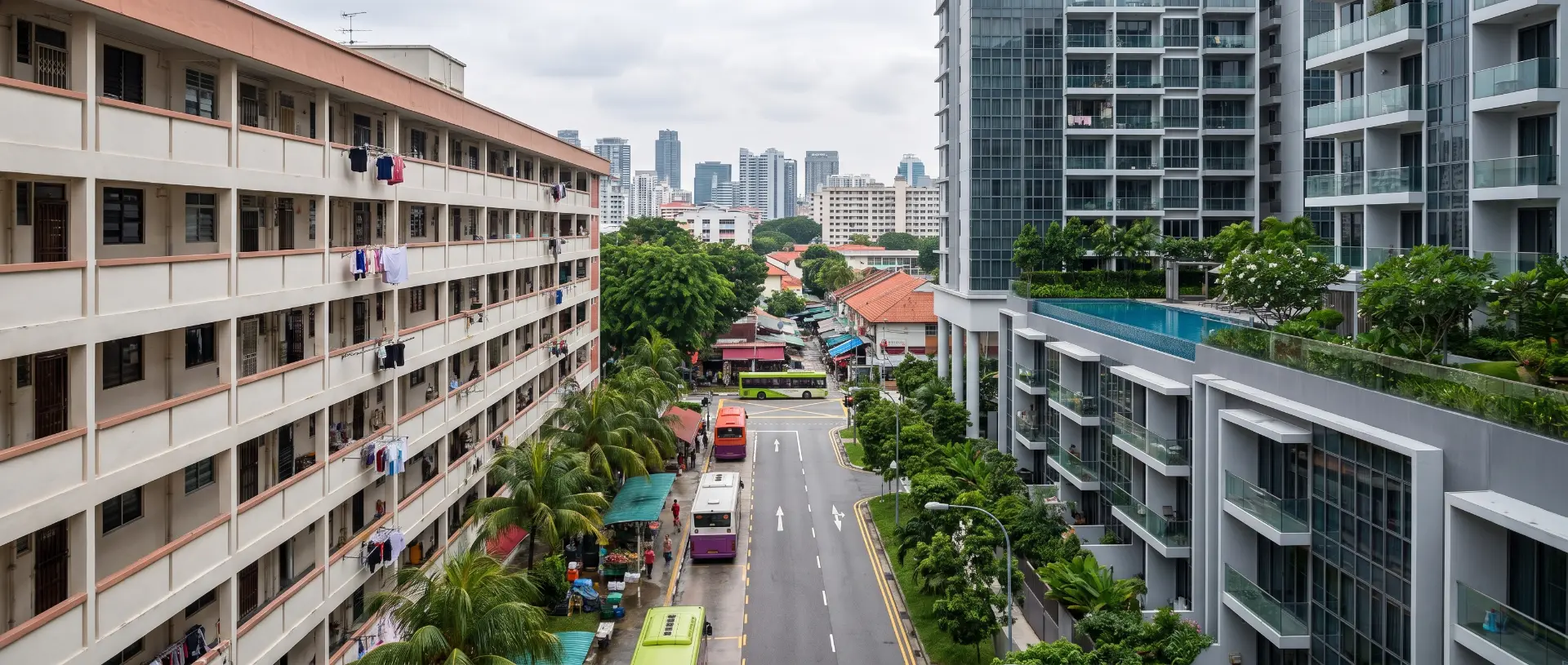 HDB blocks and a private condominium along a Singapore street, illustrating an HDB resale sale and upgrade decision