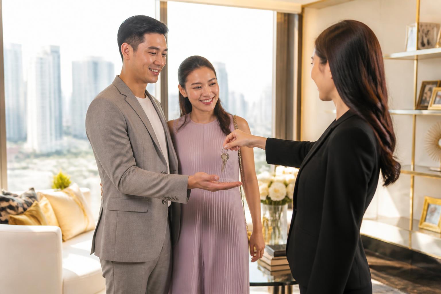 A couple receiving keys to their new home in a modern Singapore condominium