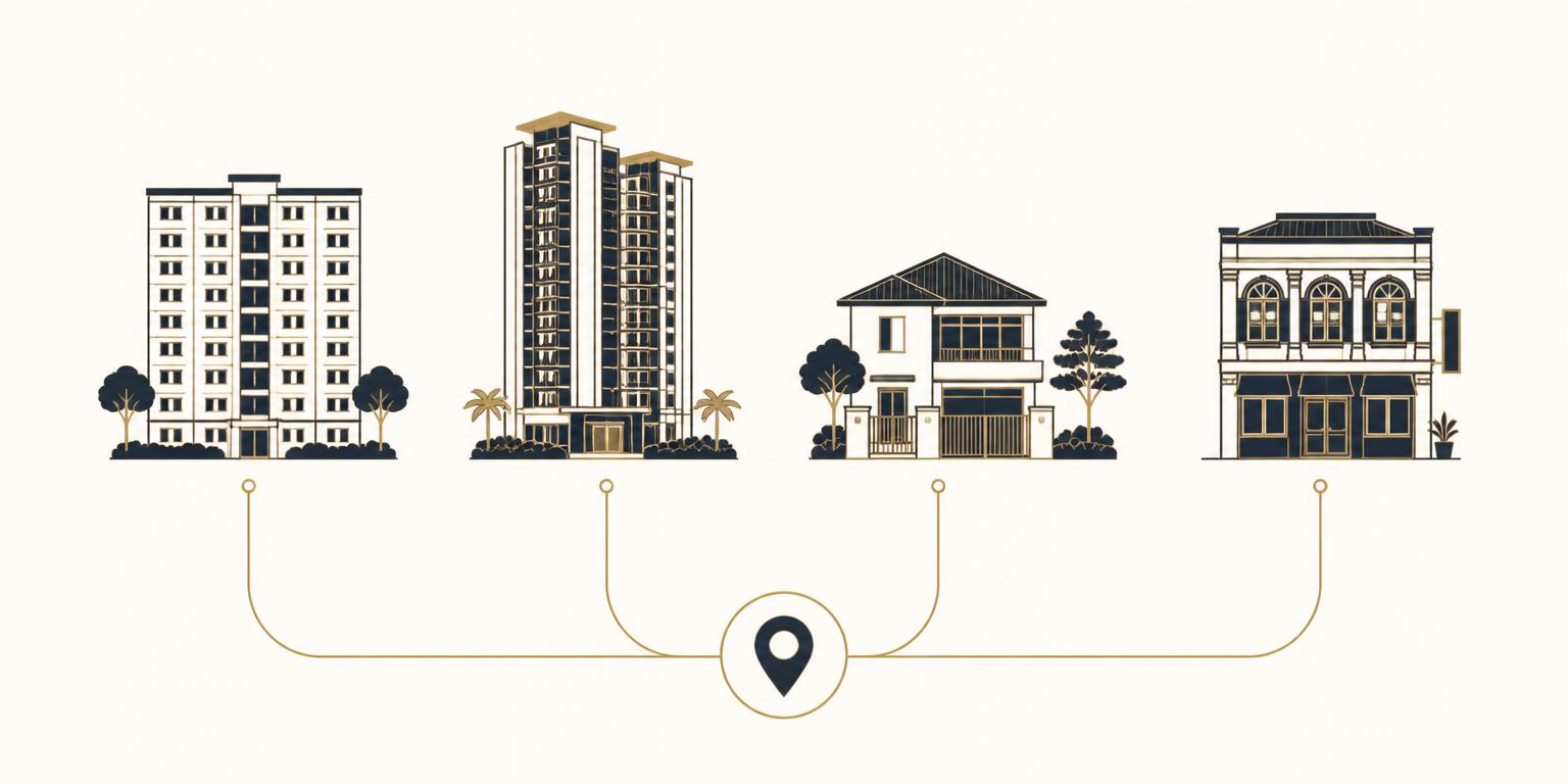 Illustration of HDB flats, condominiums, landed houses and commercial shophouses connected to a Singapore location pin