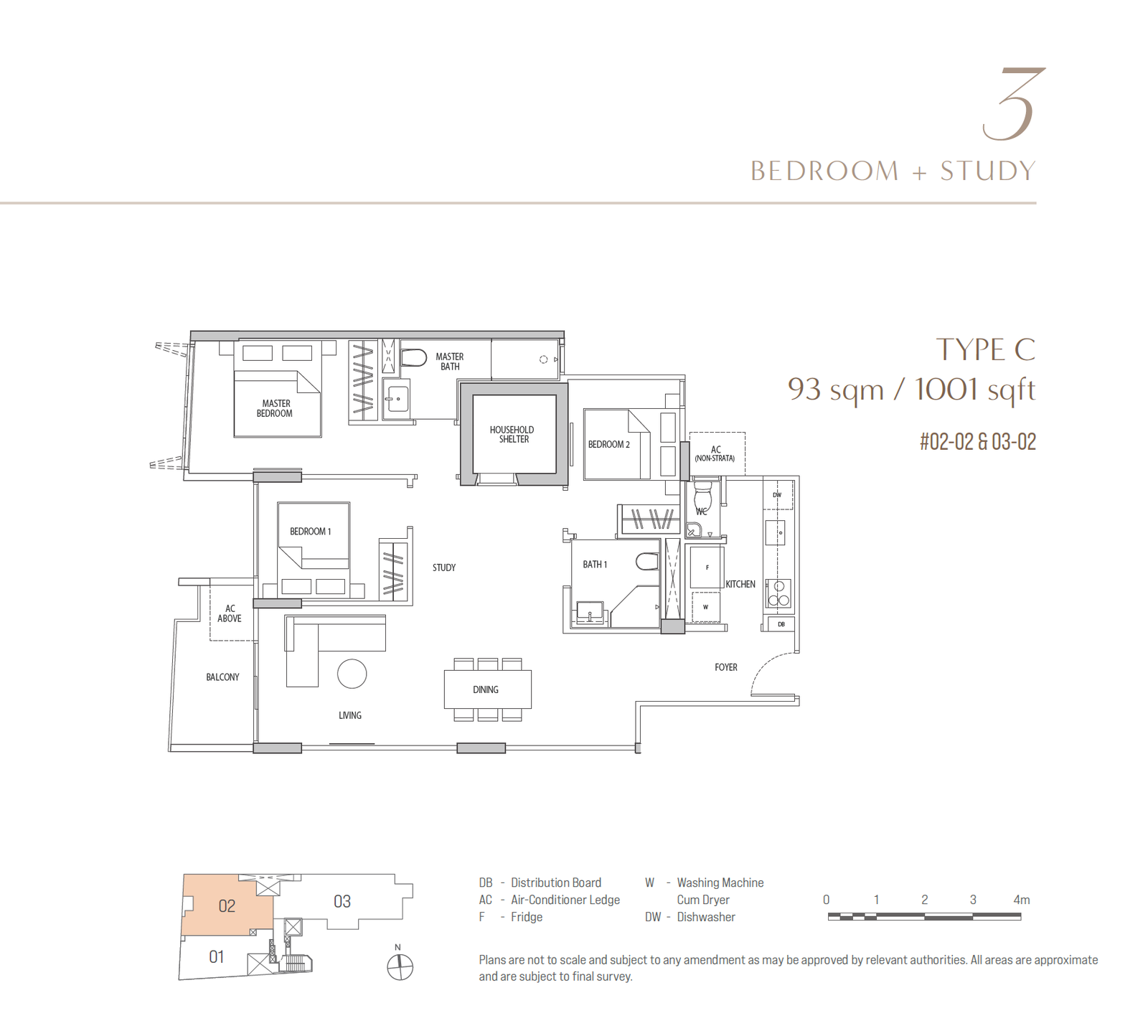 OCHO floor plan C — 3 Bedroom + Study