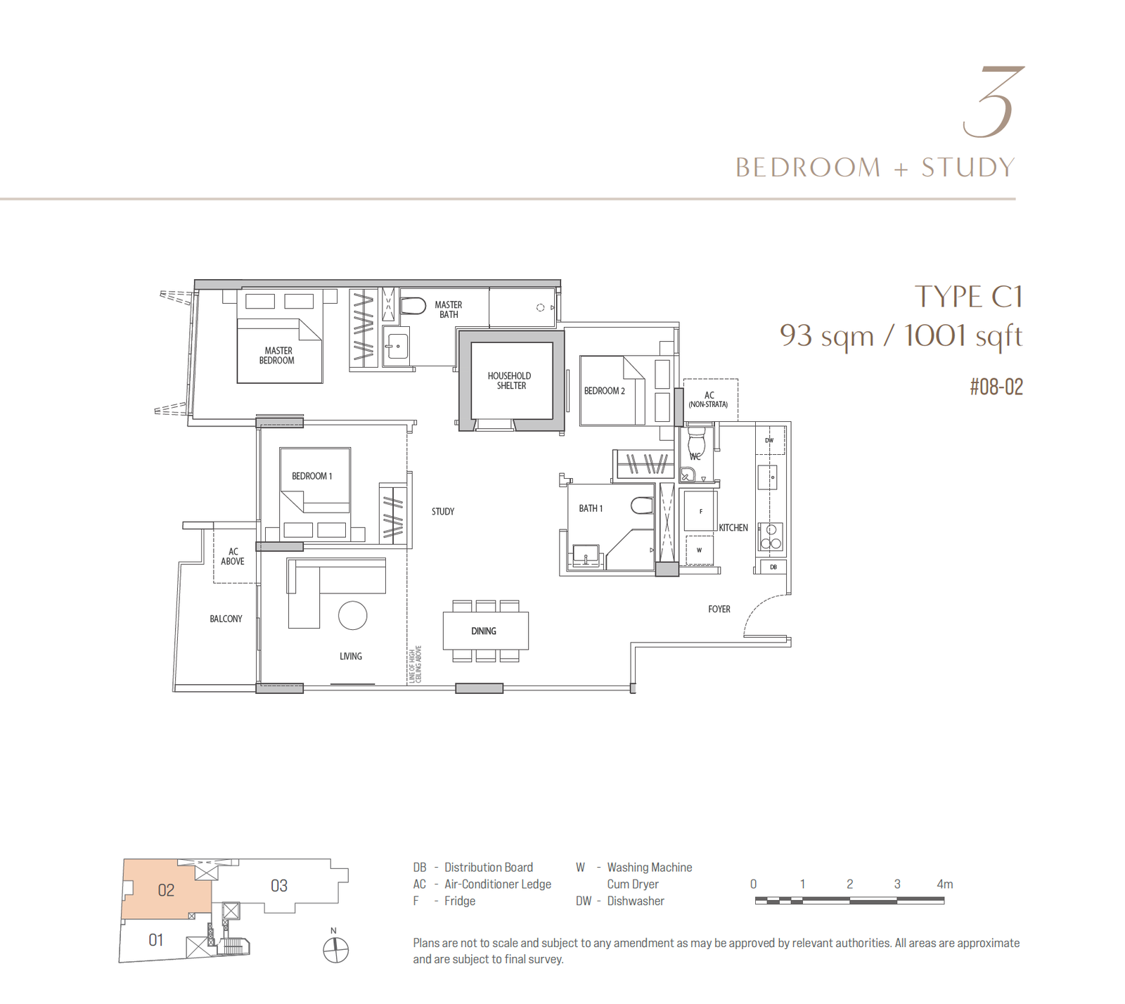 OCHO floor plan C1 — 3 Bedroom + Study
