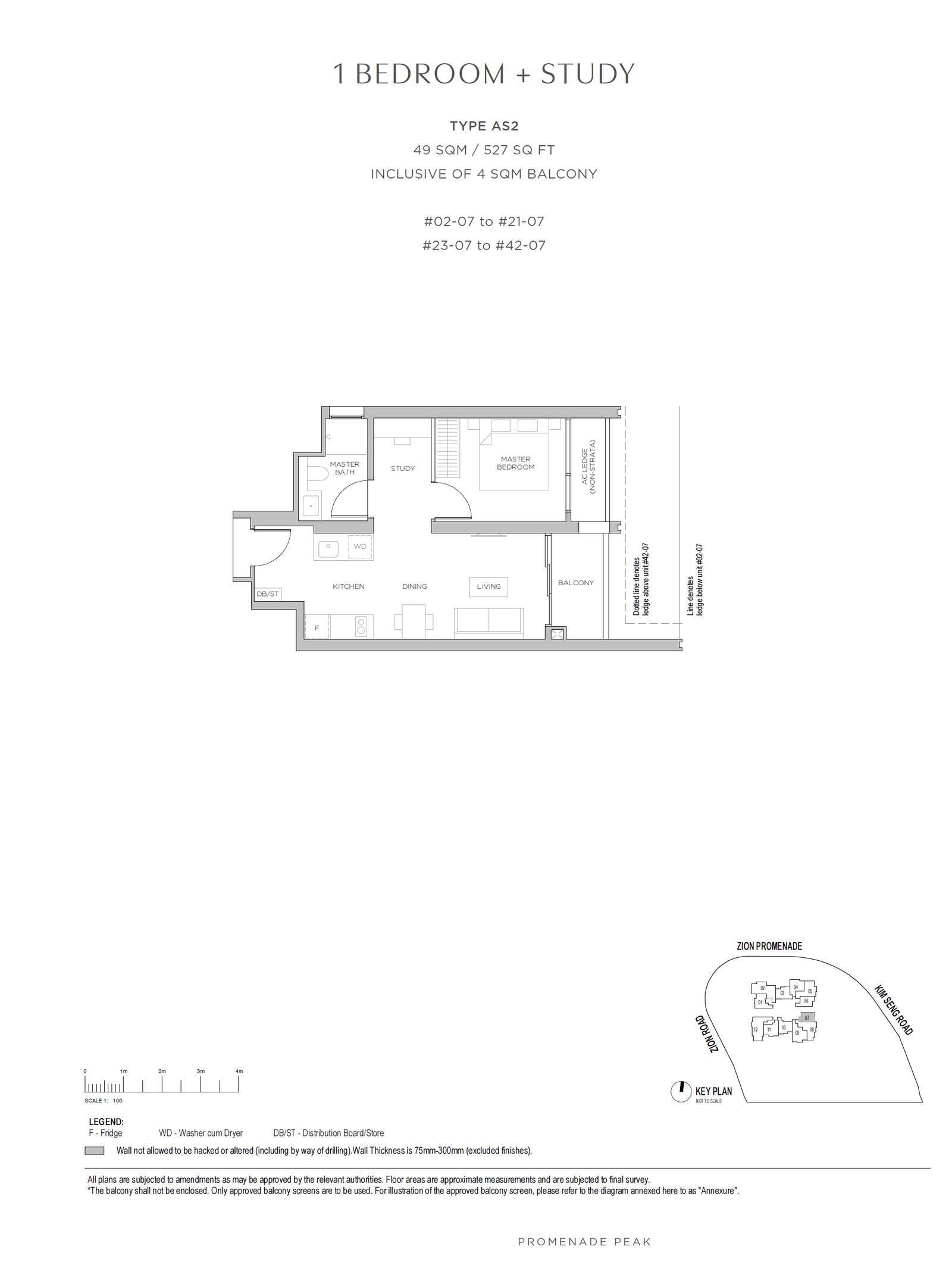 Promenade Peak floor plan AS2 — 1 BEDROOM + STUDY